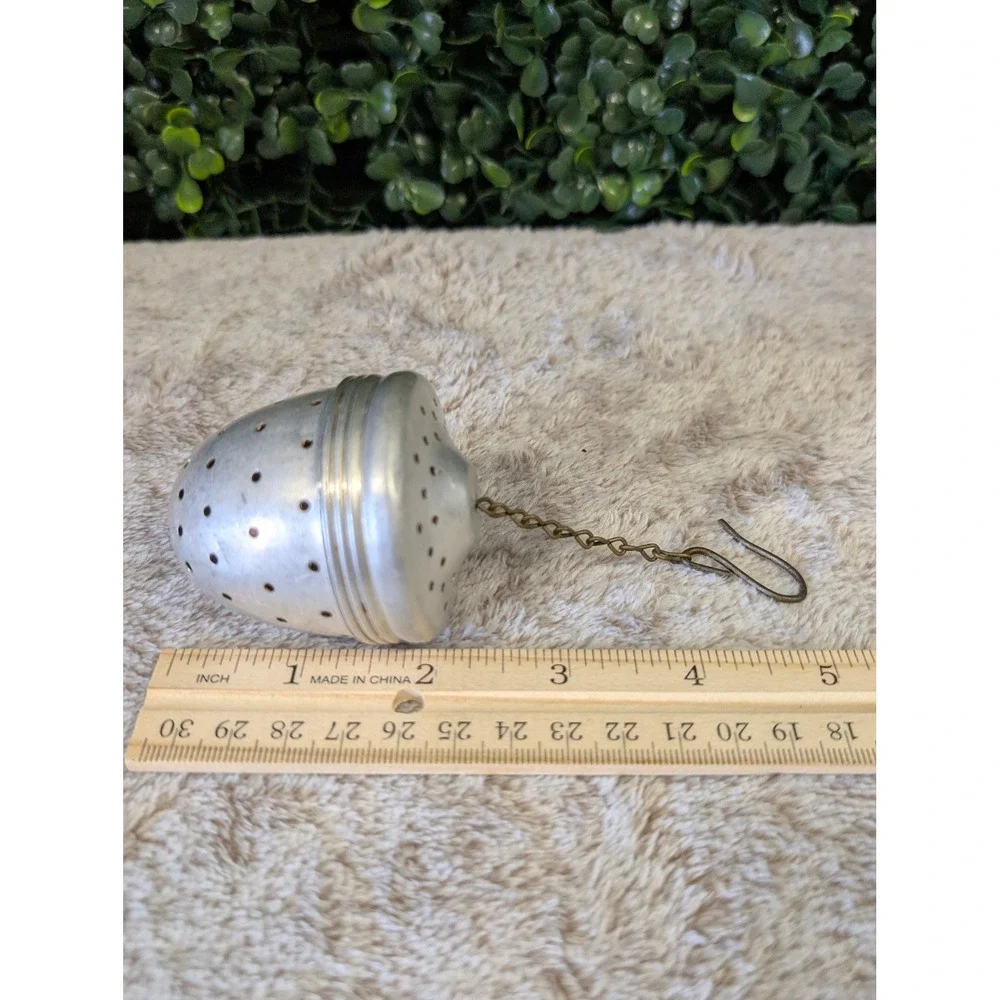 Vintage Aluminum Acorn Tea Infuser Ball Strainer with Chain and Hook Silver Tone